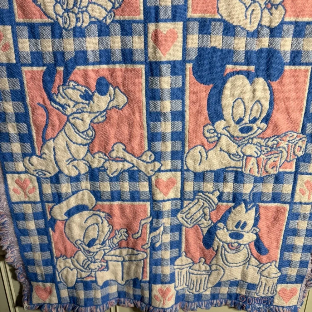 Vintage Disney Baby Blanket Woven Tapestry Mickey Minnie Donald Goofy Blue Pink